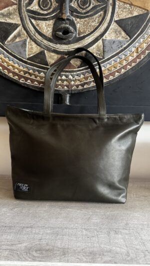 Cabas Mariama en cuir kaki, intérieur wax – vue 2