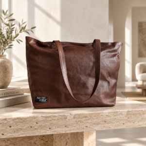 Cabas Mariama en cuir marron, intérieur wax – vue 2