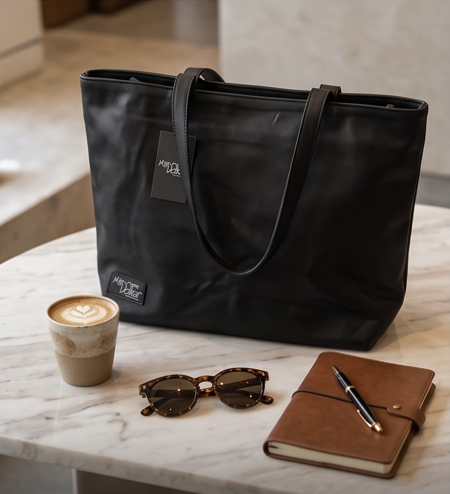 Cabas Mariama en cuir noir, intérieur wax – vue 2