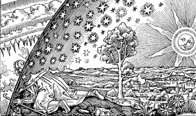 A medieval woodcut of the cosmos with the sun, stars and heavens