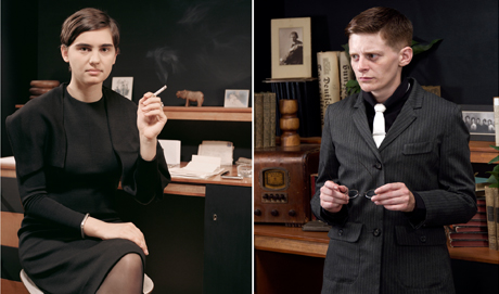 Two photos of women in 40's costume sat at an old desk