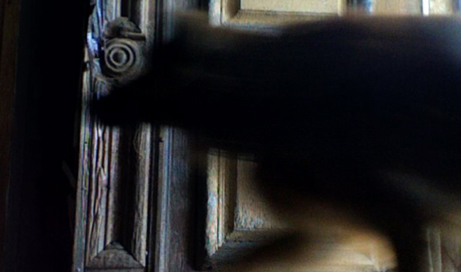 The blurry figure of a dog crosses the camera, entering a doorway