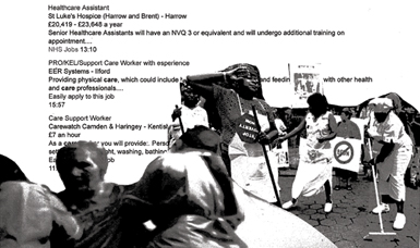 A B&W collage of workers with a list of healthcare jobs as the background