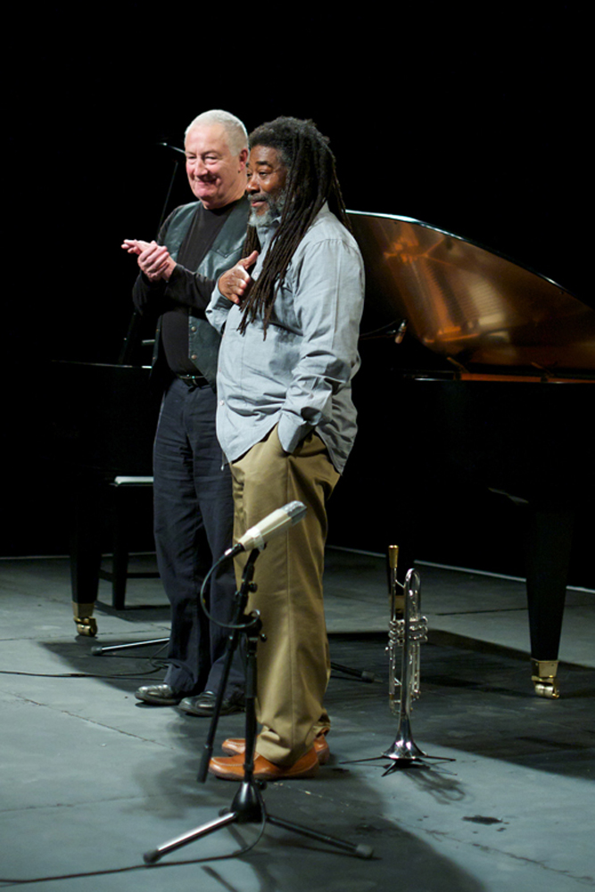 John Tilbury and Wadada Leo Smith smile together after the performance