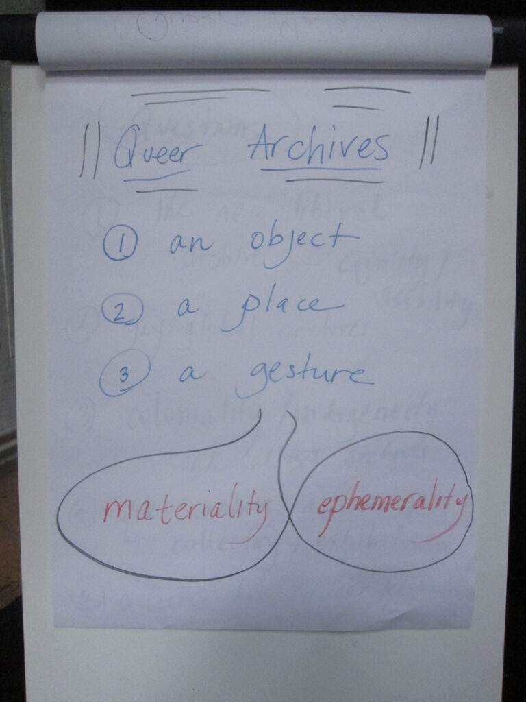 A flipchart of statements used in the discussion about queer archives