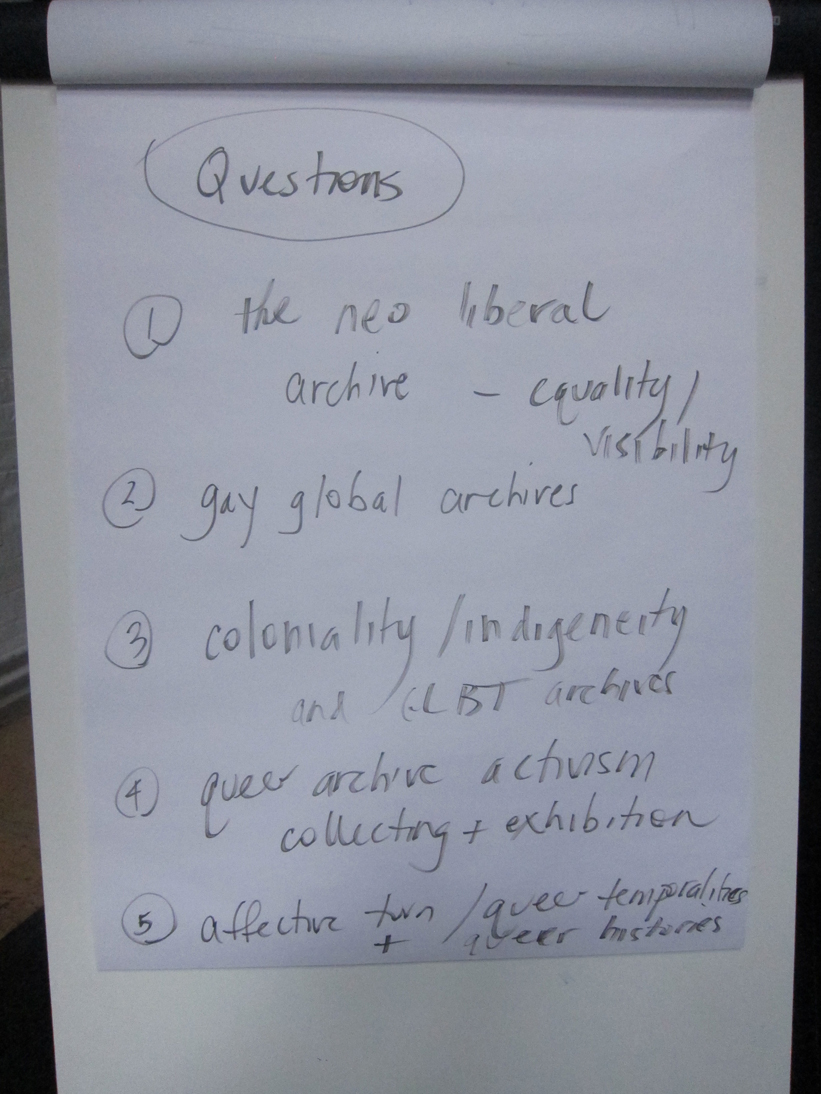 A flipchart of questions used in the discussion about queer archives