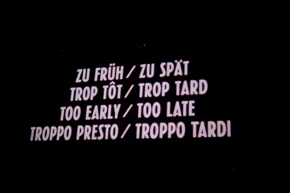 Screen showing the title of the film Too Soon Too Late