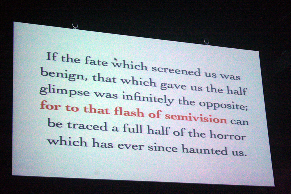 A shot of a screen with text that begins, "If the fate that screened us..."