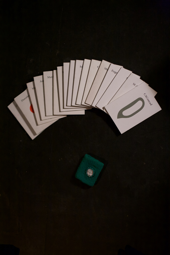 A pack of cards with names on them is spread out