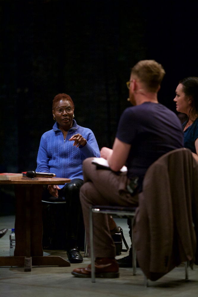 Hortense Spillers points towards Barry Esson during a discussion