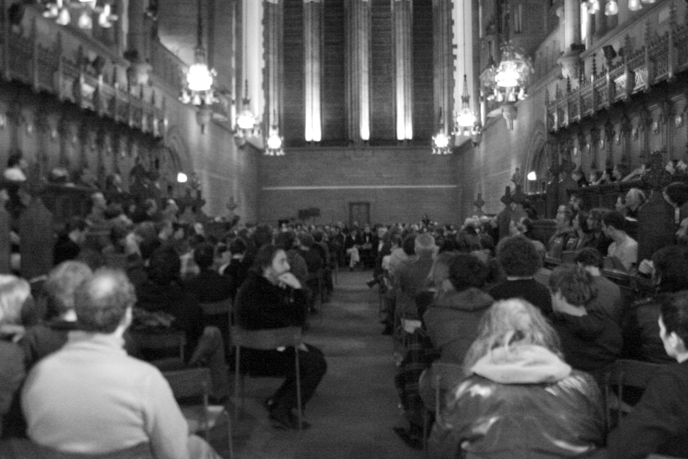 An audience in a chapel 