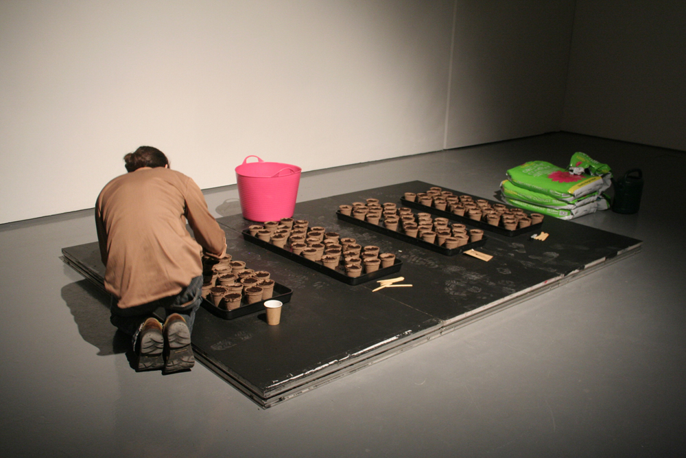 Jarrod planting seeds in little cardboard plant pots, with a pink watering can