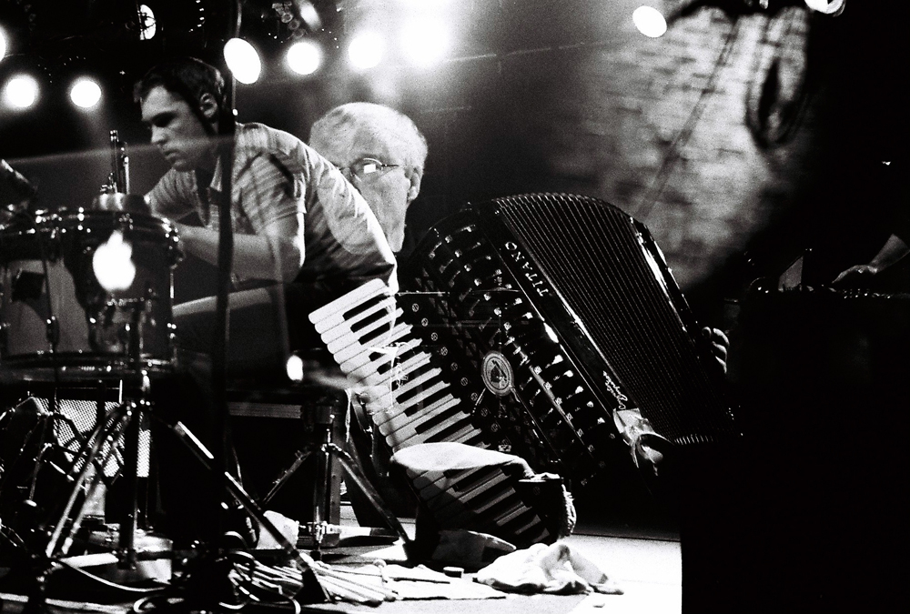 Double exposure image with Pauline Oliveros and Ingar Zach