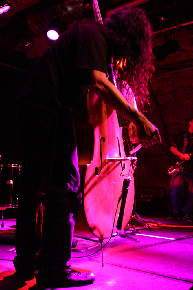 A man with long hair playing a double bass
