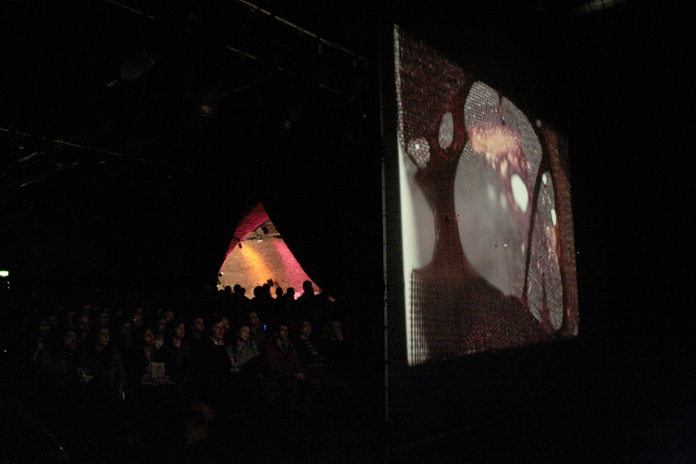 in a dark arched room an audience watches a screen showing nylon being melted