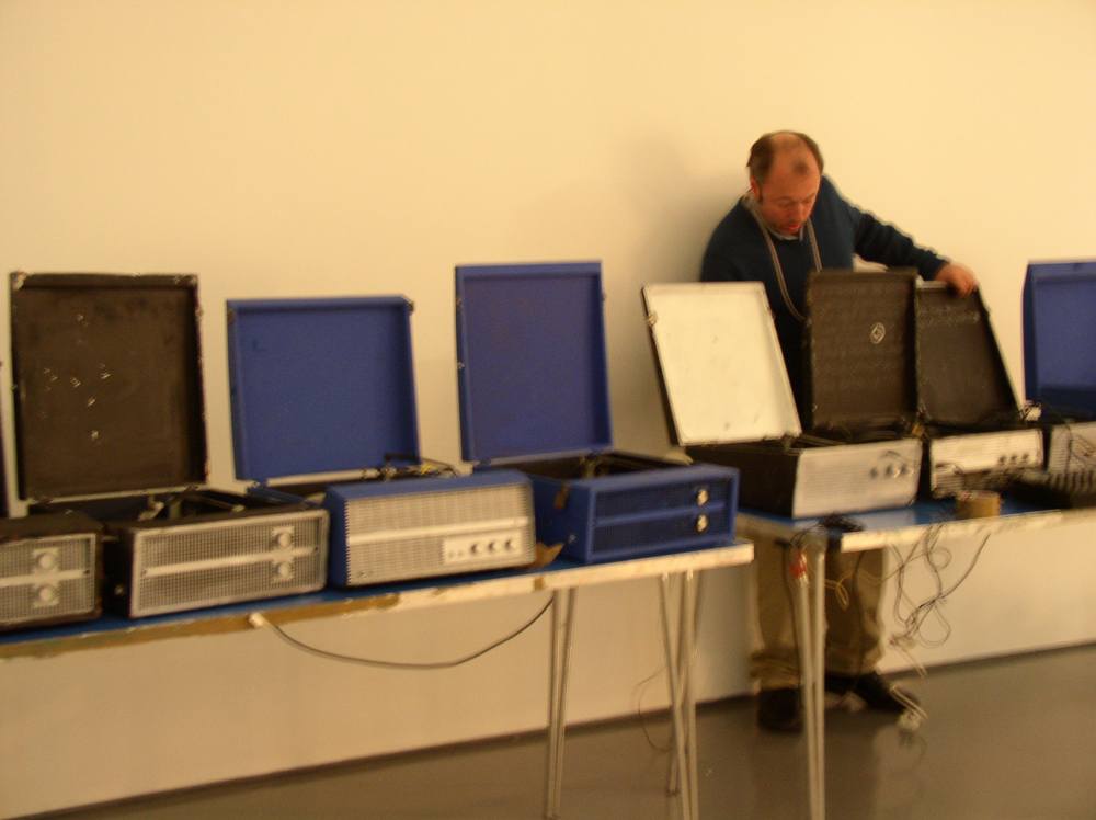 Philip Jeck backstage working with old turntables