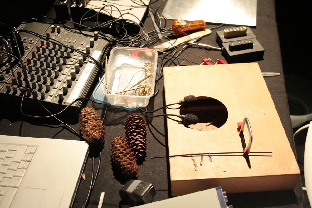 Some of Lee Patterson's sound making equipment: pine cones, boxes, wires etc