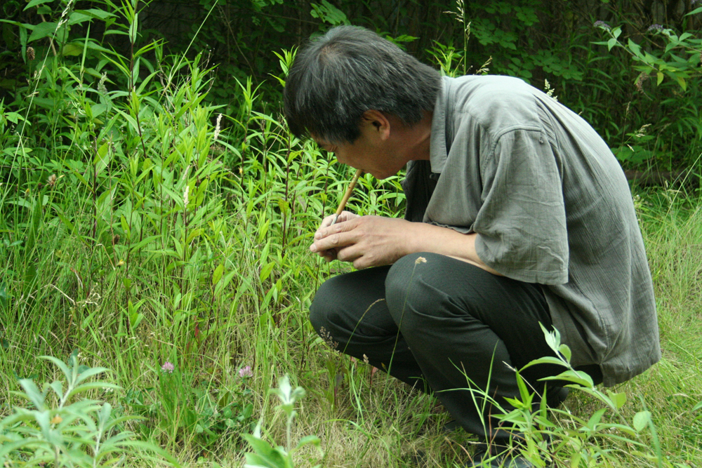 Ikuru Takehashi crouching down near some grass blowing a bamboo whistle