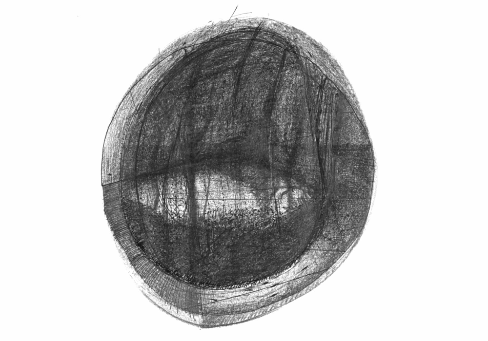 A pencil drawing of a spherical shape drawn with rough impressionistic strokes