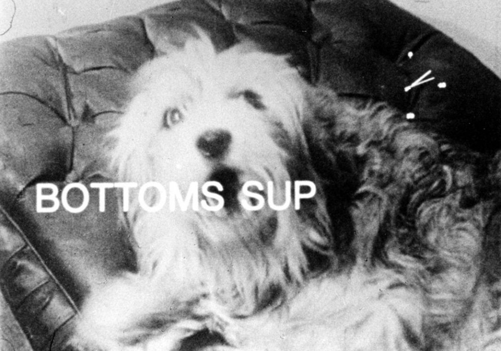 A still frame from a film. A sheepdog barks and the words Bottoms Sup are shown