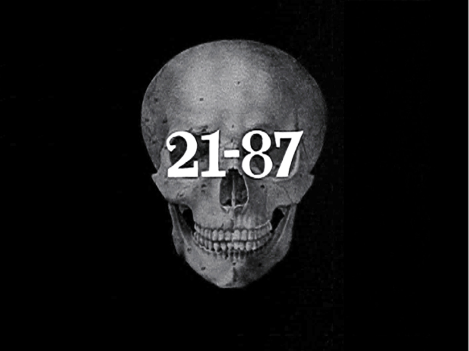 A drawing of skull has the numbers 21 - 87 in a serif font written over the eyes
