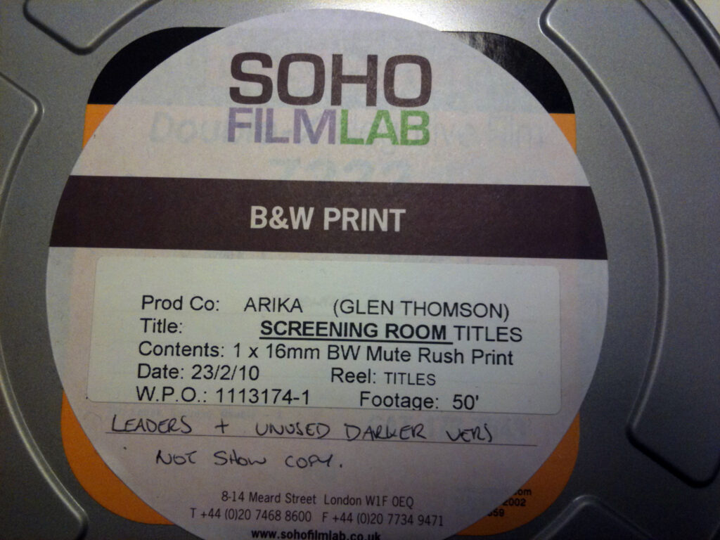 A close up of a label on a 16mm film tin from Soho Film Lab