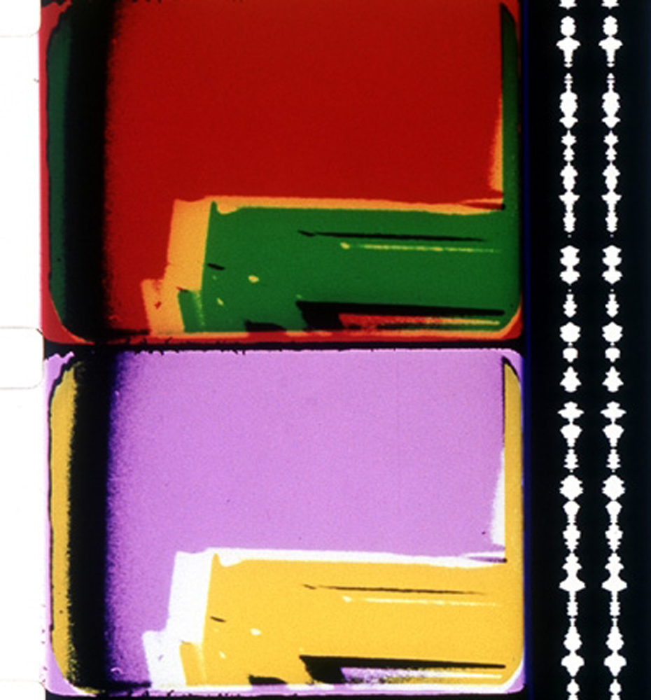 Two frames from a 16mm film with blocks of red, green, pink and yellow