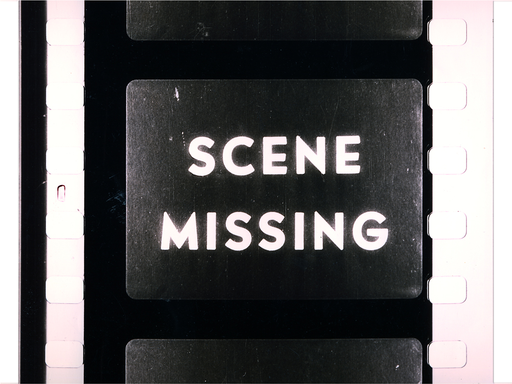 A film frames has the words "Scene Missing" displayed