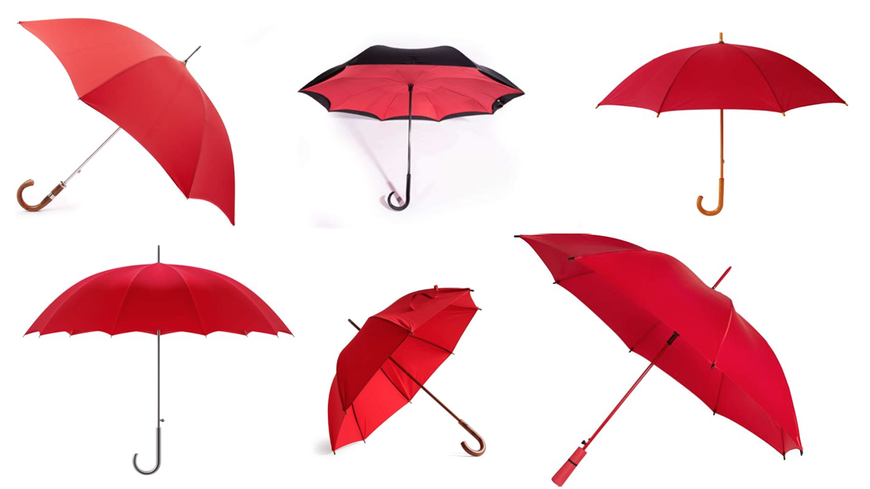 six red umbrellas on a white background