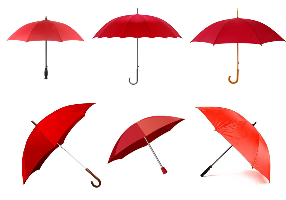 Six red umbrellas in a grid shape