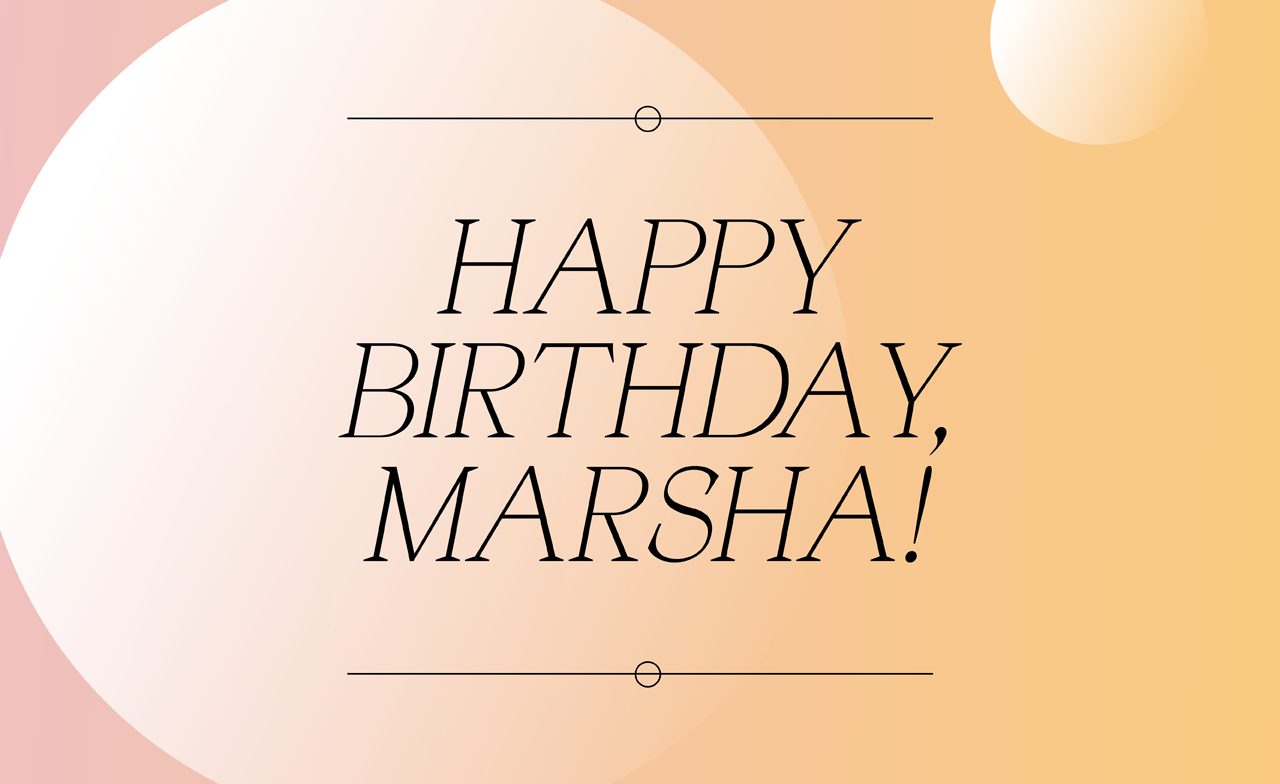 Peachy orange background with black text that reads Happy Birthday Marsha!