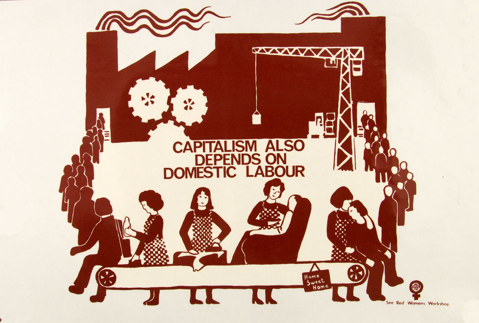 2. Poster print image with the caption “capitalism also depends on domestic labour” and an illustration of a factory production line, but instead of factory work, the activity on the production line depicts women undertaking domestic labour, caring for the factory worker at home, in-between leaving and entering the factory.