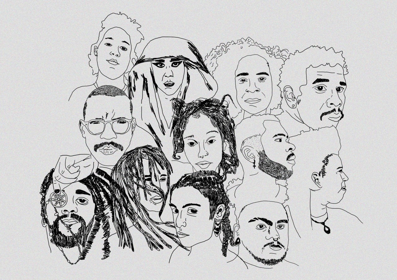 A black pen line drawing of all the members of the Carni Collective
