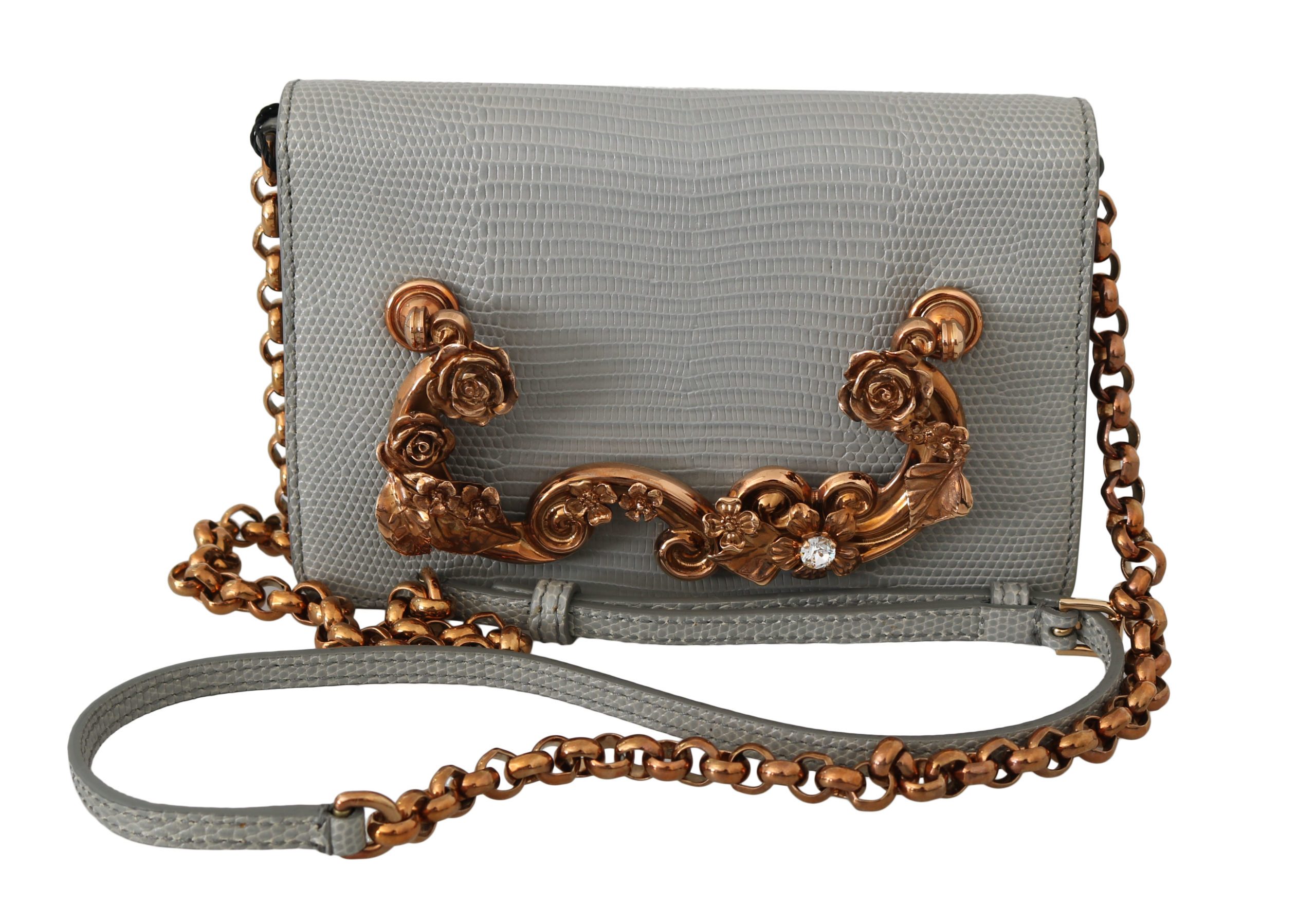 Dolce & Gabbana Women's Lizard Skin Crystal Leather Crossbody Bag Gray VAS8684