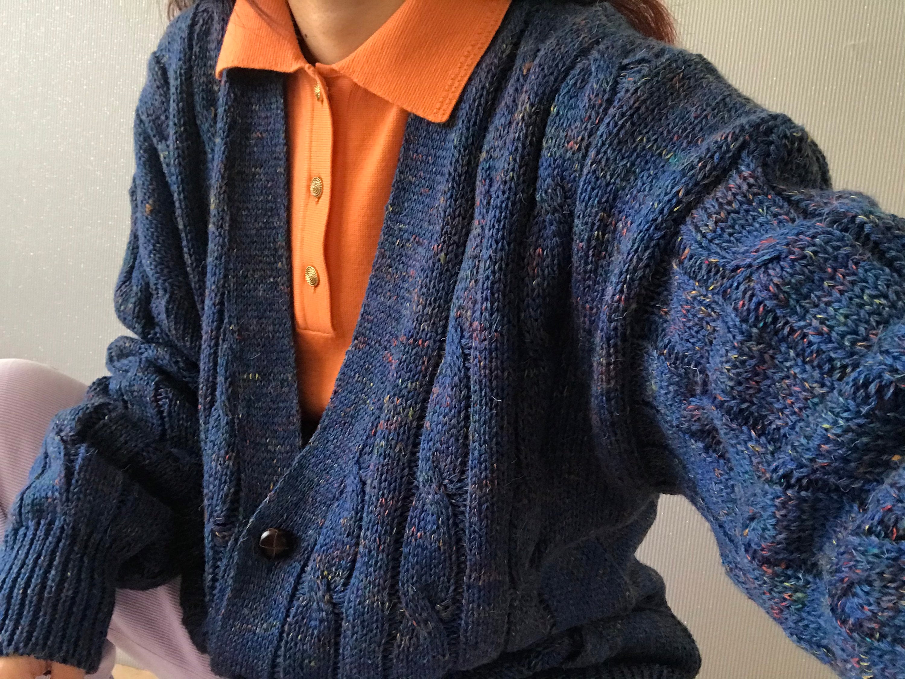 Vintage Unisex Blue Marbled Wool Blend Cable Knit Cardigan/ Top/ Sweater/ Pullover/ Tall S - Xl