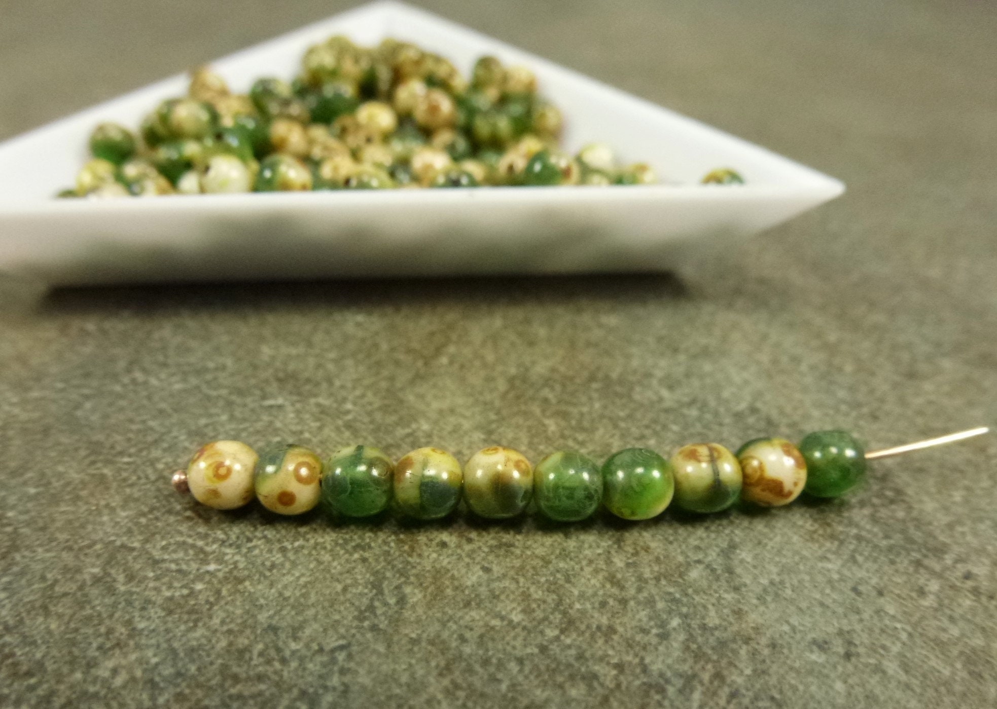 Beige & Green Picasso Blend, Czech Glass Druk, 4mm, 100Pc, Smooth Round Beads