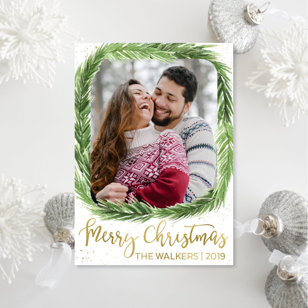 Printable Or Printed Green & Gold Photo Christmas Cards - Pine Wreath Faux Foil Holiday 018 P1