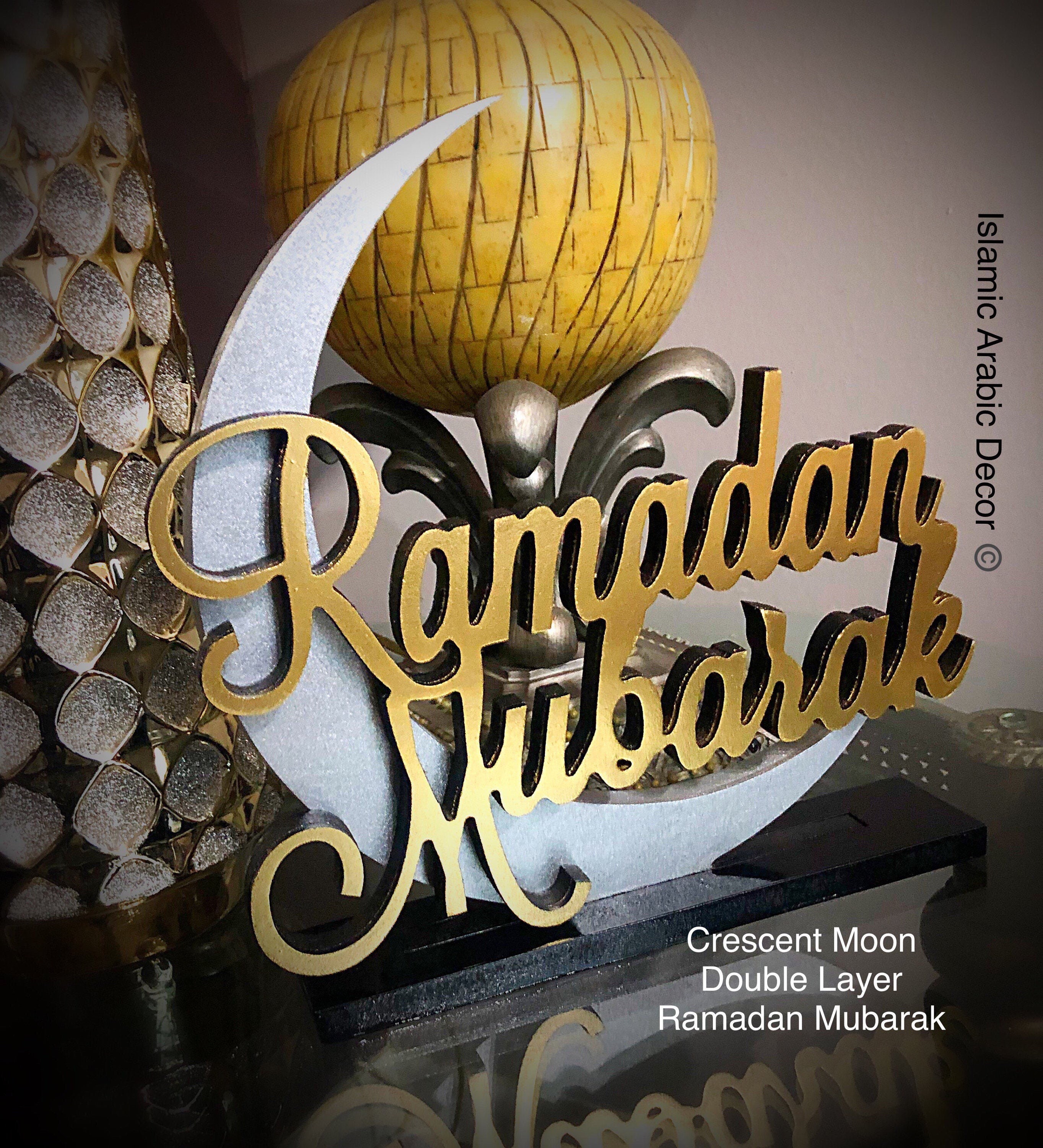 Ramadan Mubarak With Crescent Moon Double Layer Wooden Tabletop, Arabic Wall Art, Islamic Home Decor, Gifts, Eid