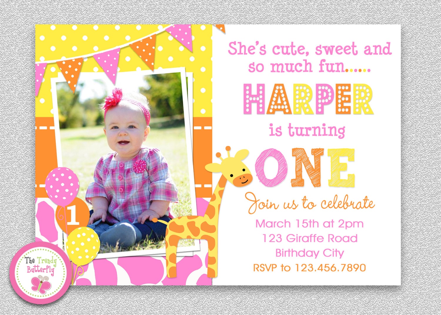 Giraffe Birthday Invitation, 1st Party Pink Birthday, Girls Printed Or Printable