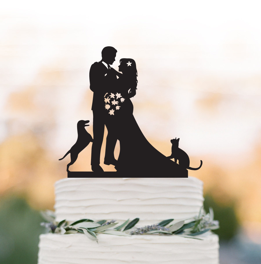 Unique Wedding Cake Topper With Dog & Cat, Bride Groom Wedding Cake Topper, Funny Personalized