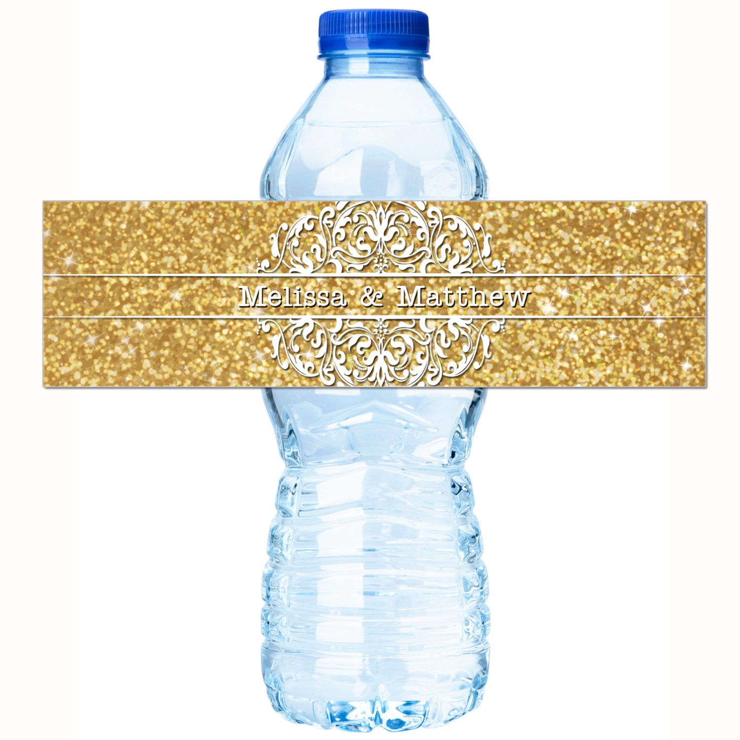 30 Wedding Water Bottle Labels, Personalized Gold Glitter & Lace Welcome Bags