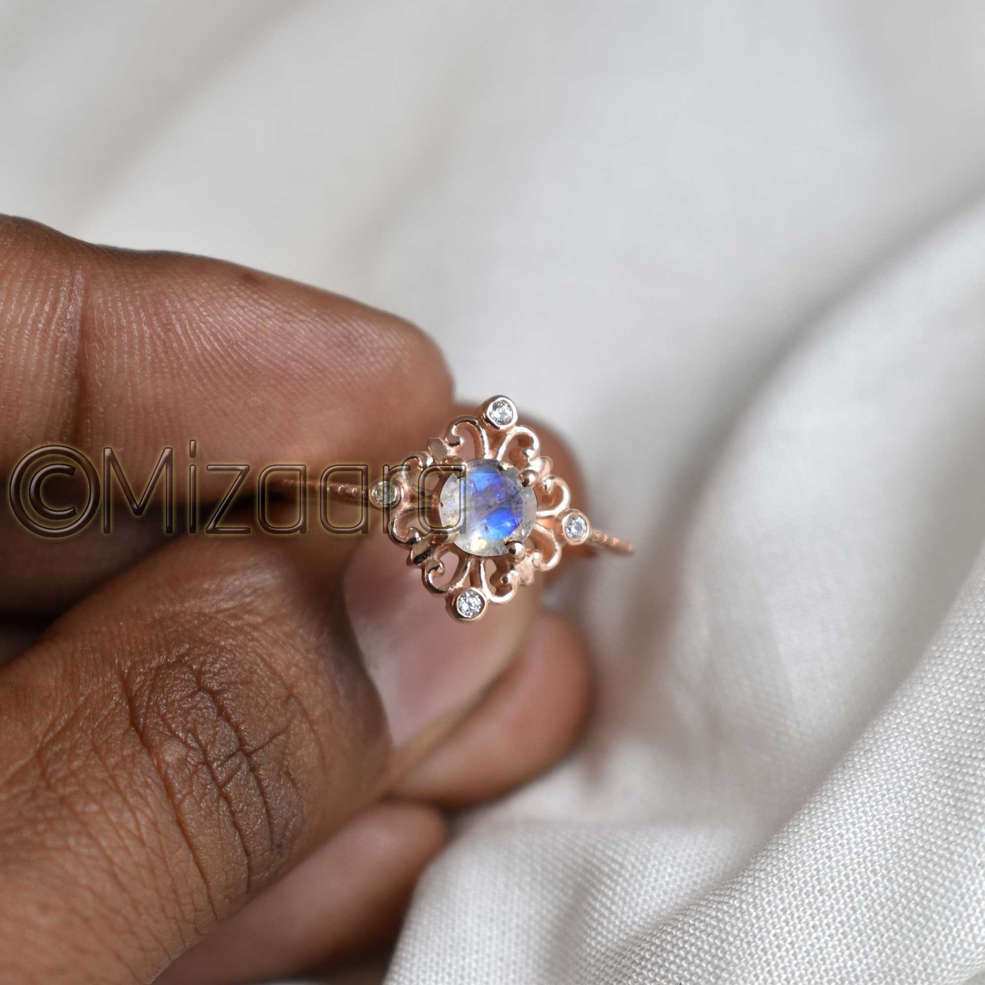 Blue Fire Moonstone 925 Sterling Silver Ring Rose Gold June Birthstone Wedding Gift Women's Elegant Girls