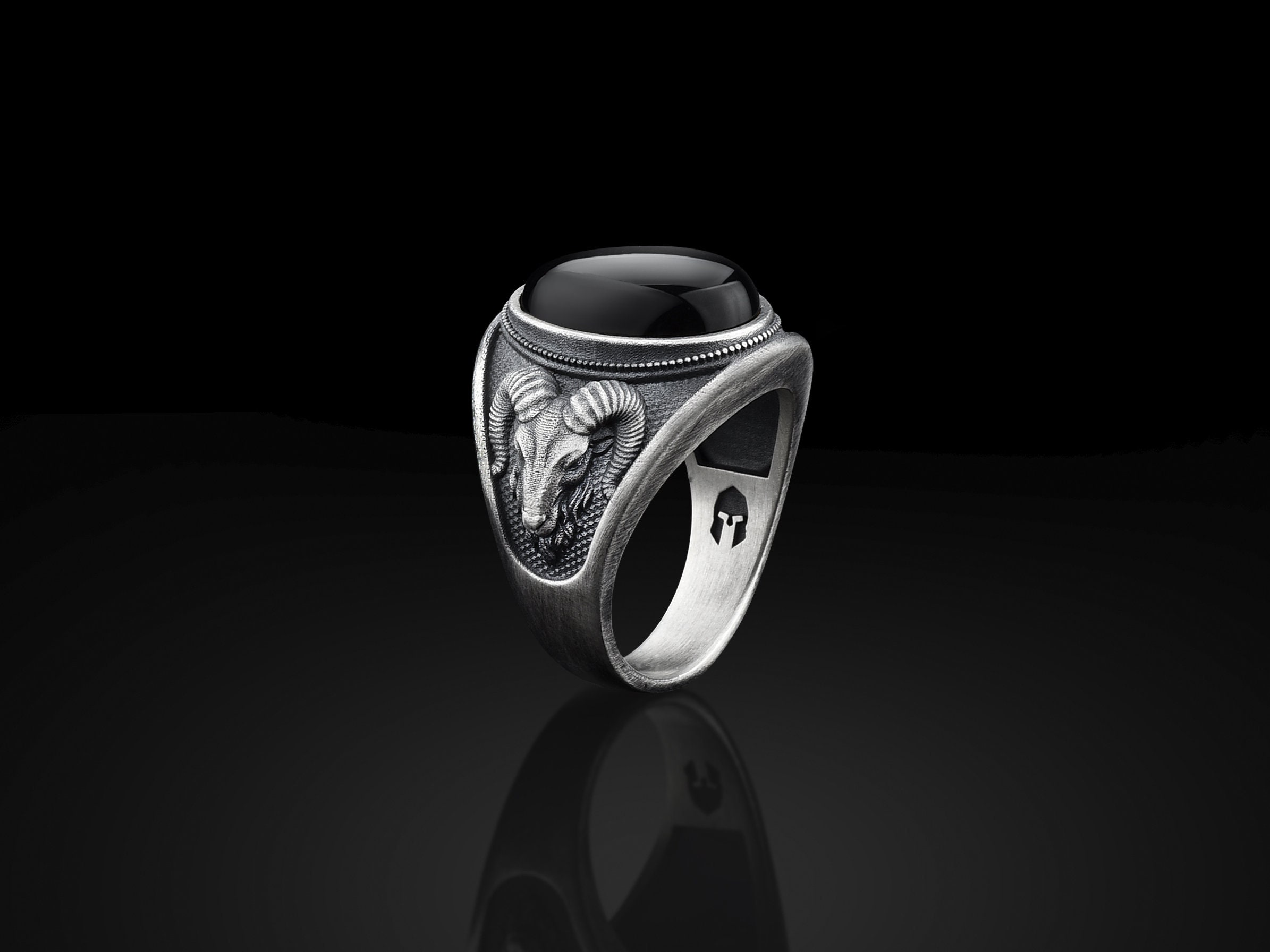 Ram Head Signet Silver Men's Ring, Black Onyx Man Aries Oxidized Men Jewelry, Husband Gift Ring