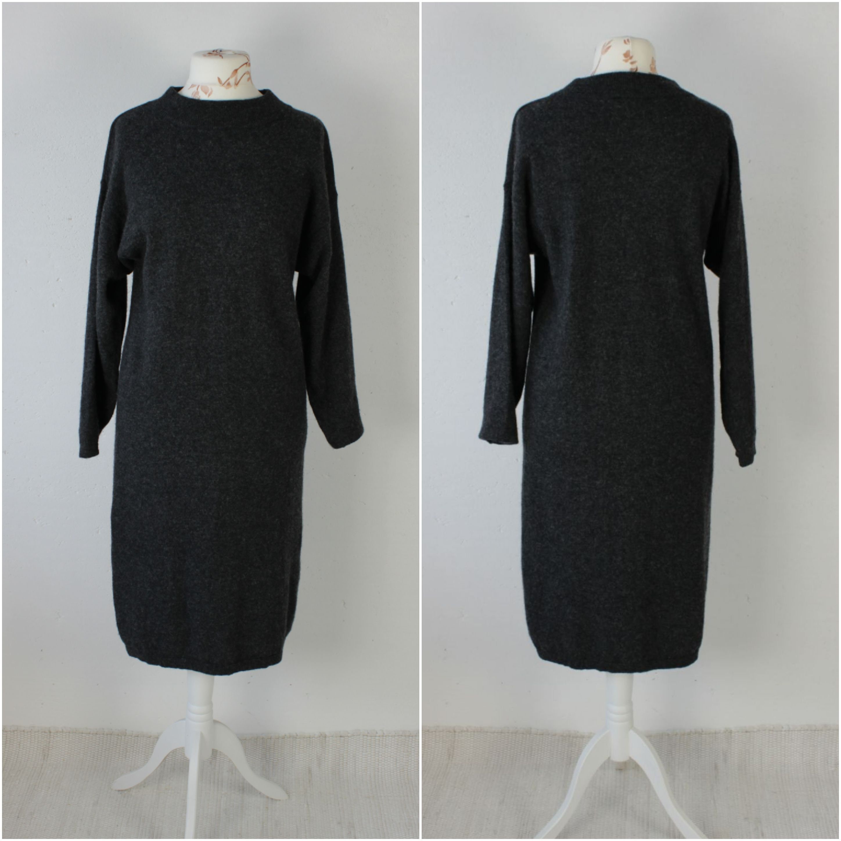 Vintage Dark Grey Knitted Wool Blend Women's Dress Simple Basic Knit Below The Knee Length With Long Sleeve & Crew Neck L Large Size