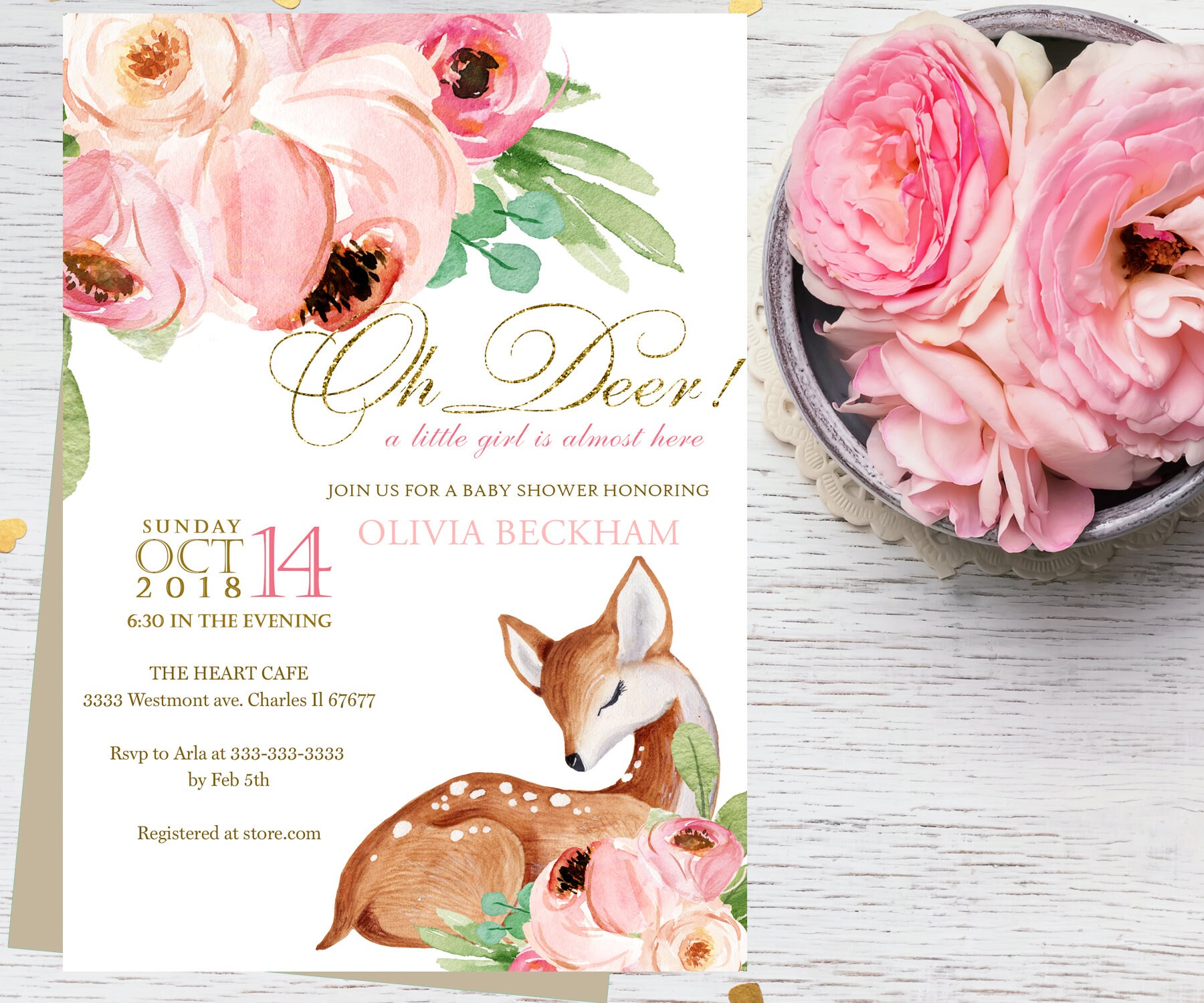 Woodland Baby Shower Invitation For Girls, Deer For Girl, Forest Animal , Boho Baby Shower Invite