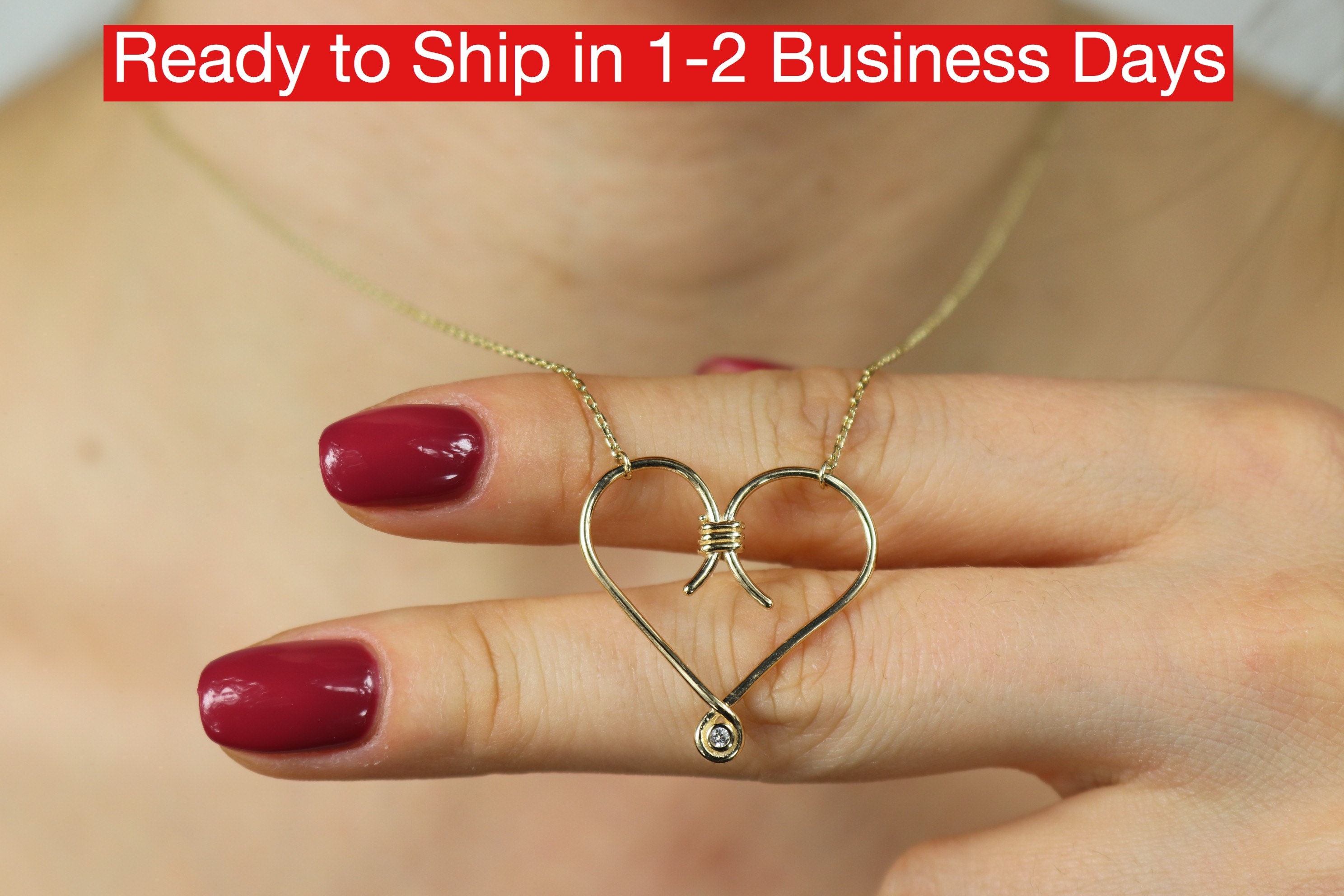 Heart Necklace/14K Gold Dainty Bridesmaid Gift Tiny Diamond Pendant Handmade Jewelry