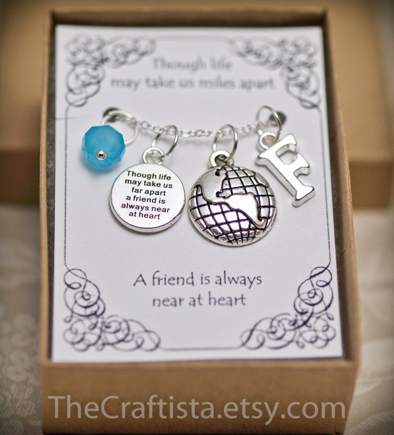 Personalized Friendship Necklace With Birthstone & Initial - Fr5 Necklace, Globe Charm Jewelry