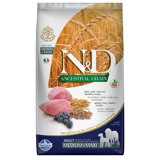 Osta Farmina N&D Ancestral Grain Adult Medium & Maxi Lamb & Blueberries -  säästöpakkaus: 2 x 12 kg netistä 