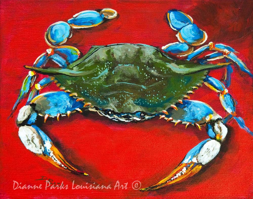 Louisiana Blue Crab, Seafood Art, Gulf Of Mexico Art - "Louisiana On Red'