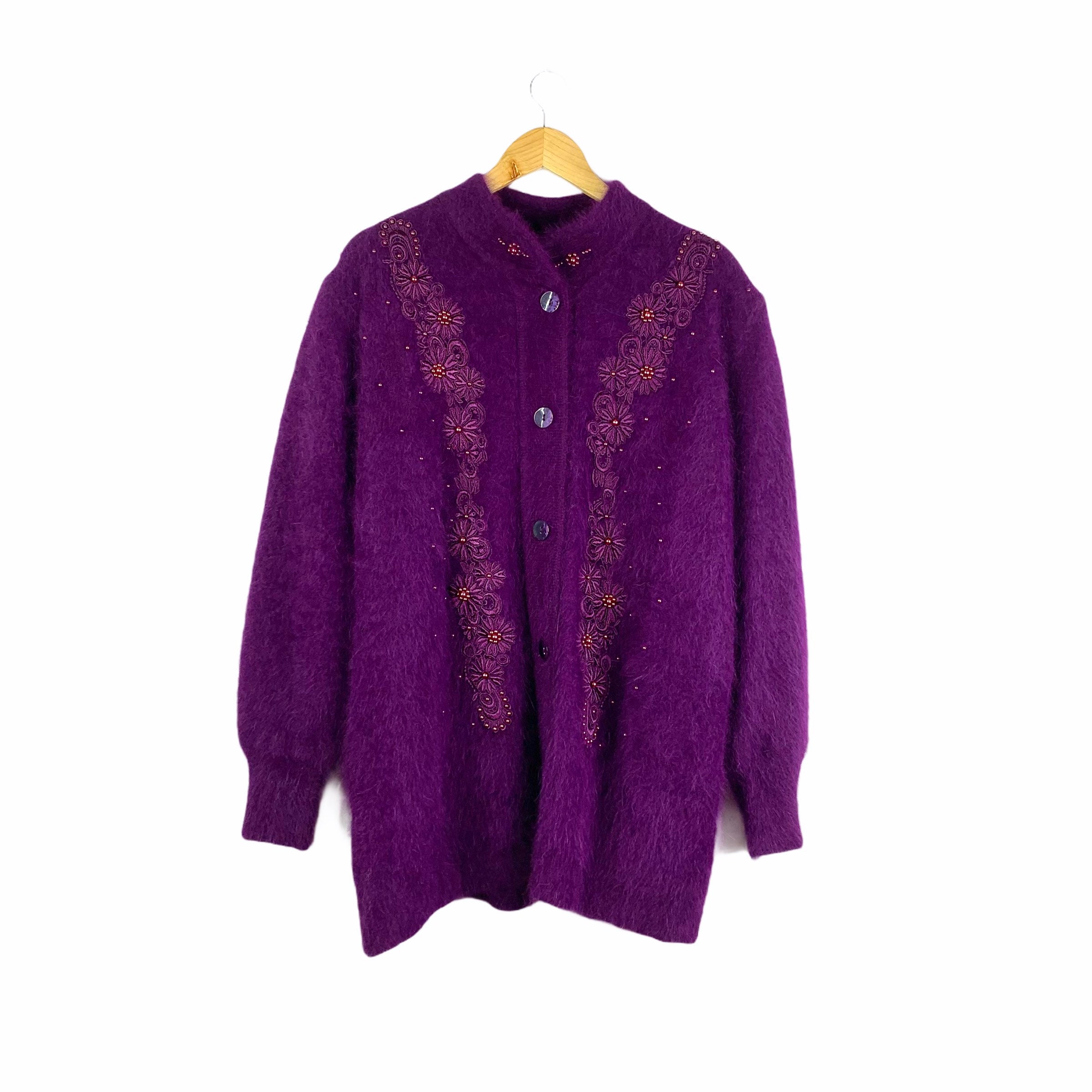 Vintage Purple Beaded Angora Blend Puff Sleeve Coat, Large